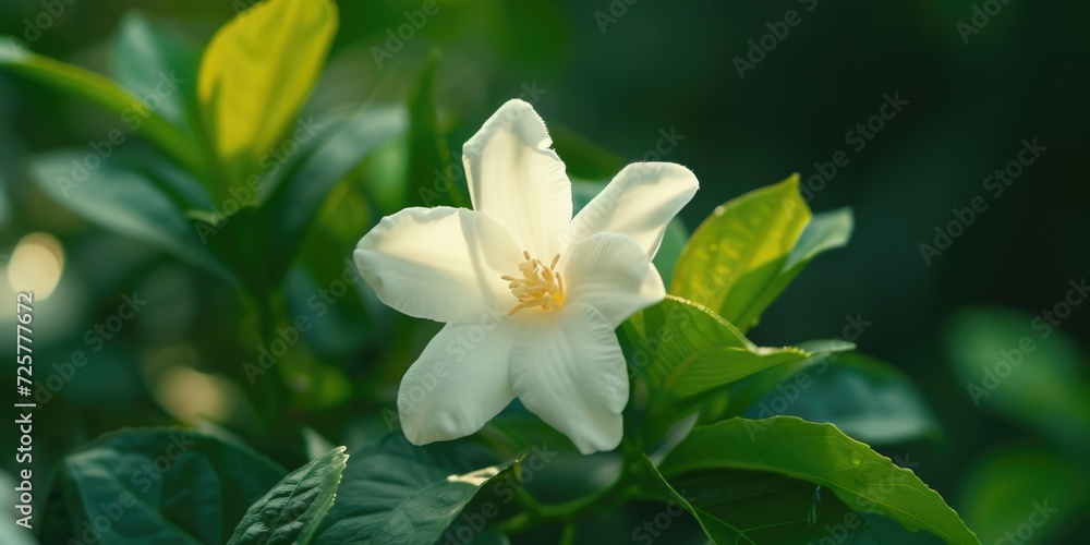 Obraz premium A picture of a white flower with green leaves in the background. Suitable for various applications