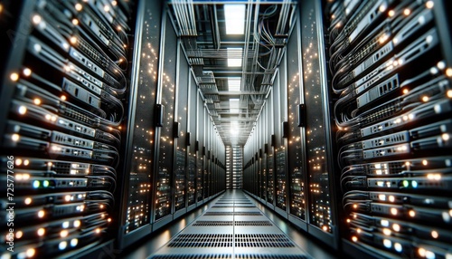 Close-up view of servers in a data center, focusing on the detailed architecture including racks, cables, and lights.