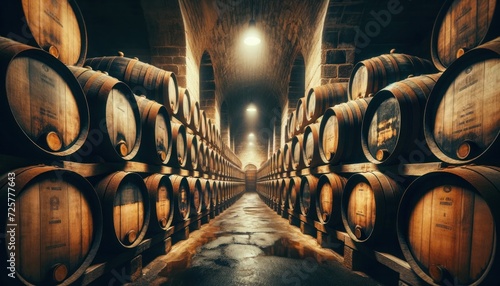 Rows of wooden sherry barrels in a dimly lit, rustic cellar photo
