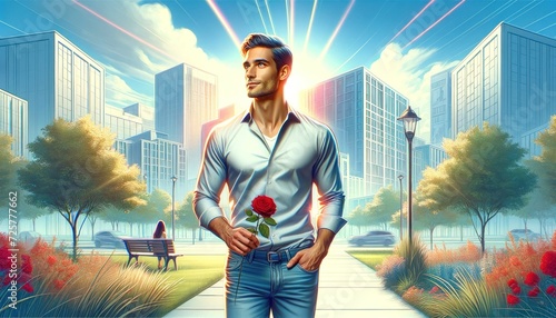 A man in his 30s, dressed in a casual shirt and jeans, stands in an urban park with a hopeful expression. He holds a red rose, symbolizing his search for love. photo