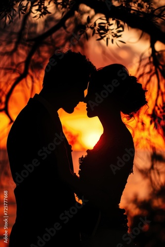 A beautiful silhouette of a bride and groom against a colorful sunset. Perfect for wedding invitations or romantic-themed projects