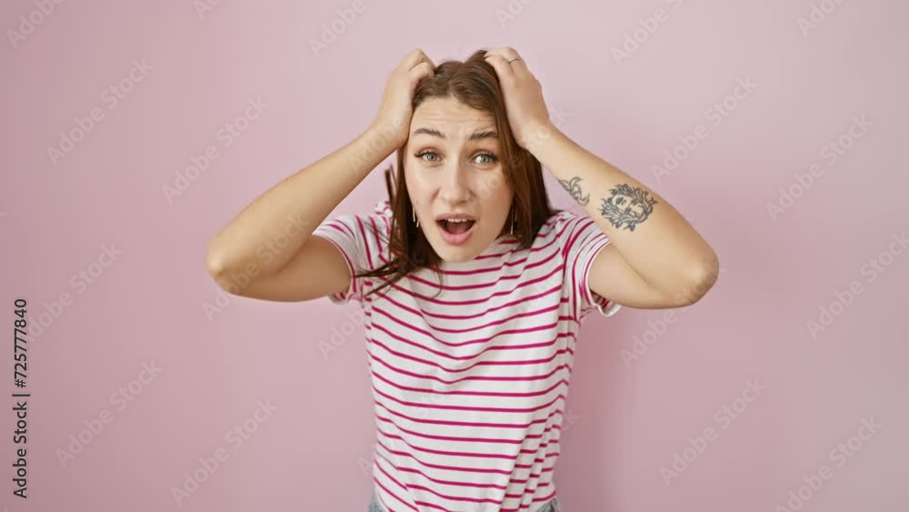 Startled young brunette girl in striped tshirt holds head in shock. crazy scared expression, mouth open wide in surprise over pink isolated background. Startled young brunette girl in striped tshirt holds head in shock. crazy scared expression, mouth open wide in surprise over pink isolated background.