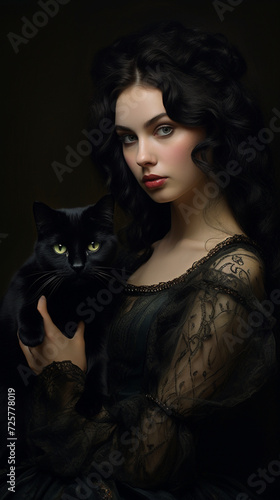 a strict beautiful girl with black hair and in a black dress strokes a black cat, vertical photo