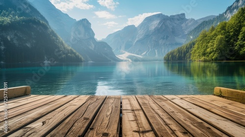 an empty wooden tabletop set against the backdrop of a serene lake and majestic mountains, inviting viewers to immerse themselves in the beauty of nature's scenery.