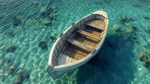A lonely empty wooden boat is in calm water. calm reflection, mirror of nature