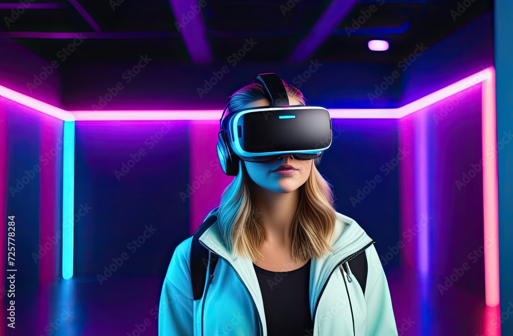 The portrait of young people wearing VR glasses, holographic and neon gradient colors. Technology, Contemporary art, Virtuality, video games concept. The portrait of young people wearing VR glasses, holographic and neon gradient colors. Technology, Contemporary art, Virtuality, video games concept.