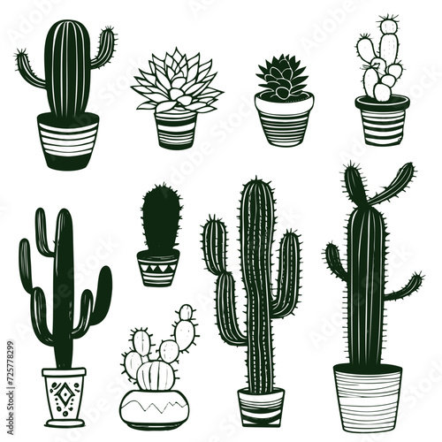 Collection of isolated outline black vector cactus and succulents elements.