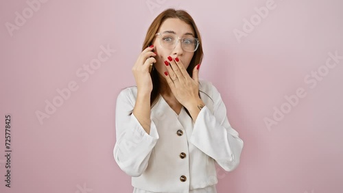 Young brunette girl covers mouth in shock, afraid she goofed up, on phone, surprise expression painted over her face, against isolated pink backdrop photo