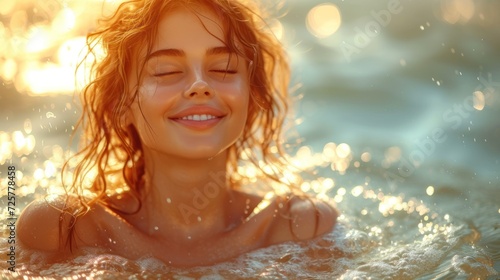  a close up of a woman in a body of water with her eyes closed and her hair in the air and her eyes closed, and her eyes closed, and her eyes closed.