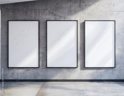 Contemporary gallery with trio of white canvas frames on textured concrete wall. Modern art concept. 3D Rendering