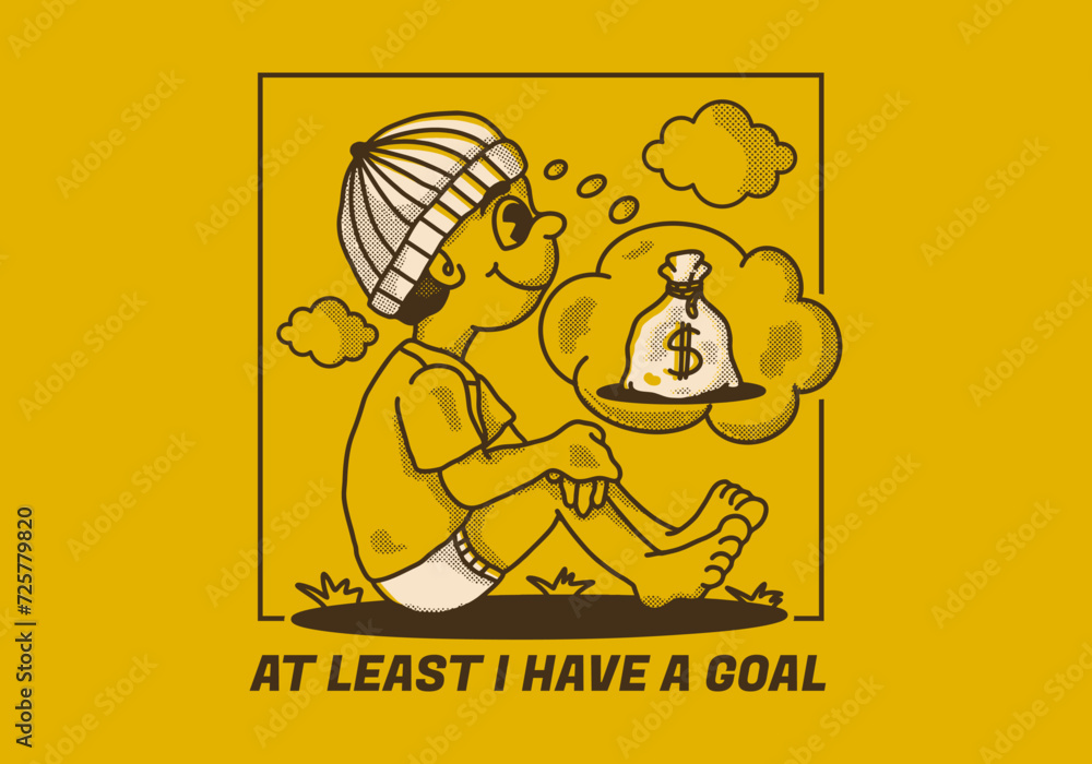at least I have a goal. Retro character illustration of a beanie boy sitting and daydreaming