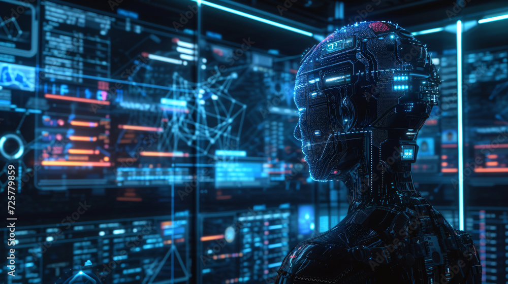 a futuristic image of a man's face with technology behind it, in the style of robotic motifs a futuristic image of a man's face with technology behind it, in the style of robotic motifs
