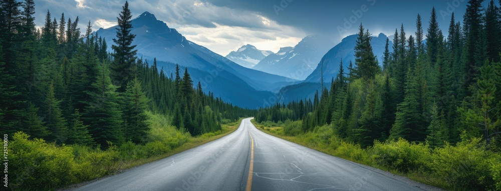 an asphalt road winding through a lush green forest against the ...