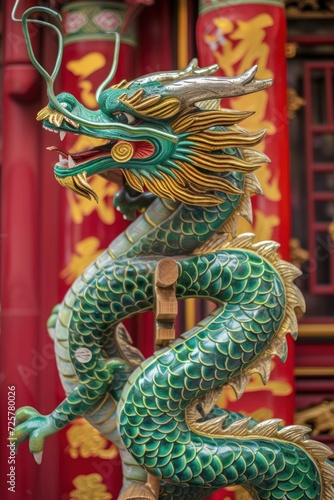 An artistic vertical composition showcasing the intricate carvings of a green wooden dragon against a backdrop of traditional Chinese lanterns, evoking the festive spirit of the New Year celebration