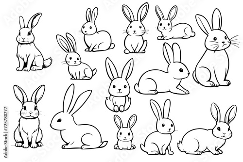 Several rabbits in various poses. A set of line drawings of rabbits drawn with a brush.