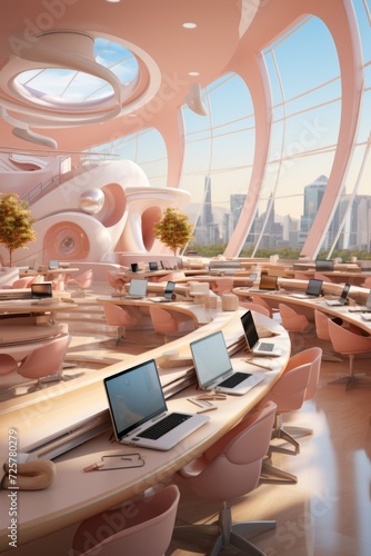  futuristic university classroom with laptops