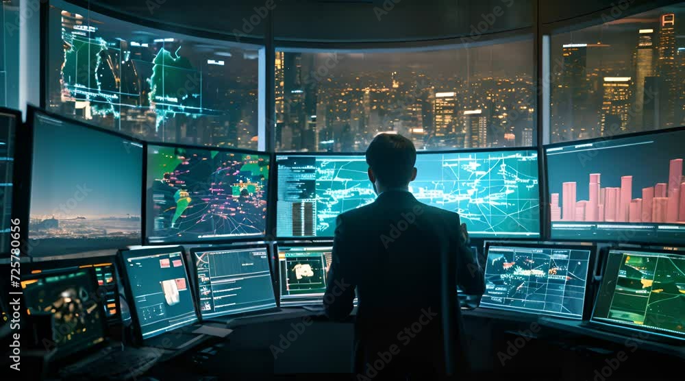 businessman standing in front of city skyline monitors businessman standing in front of city skyline monitors