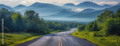 an asphalt road winding through a lush green forest against the backdrop of majestic mountains, showcasing the serene harmony of the natural landscape.