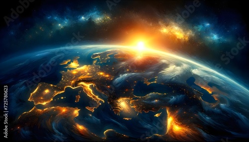 The image depicts a dramatic and artistic view of Earth with vividly illuminated landmasses, surrounded by the deep blue of the oceans and the cosmic backdrop of stars and nebulae.