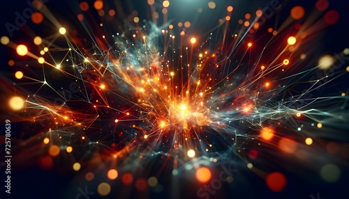The image captures a dynamic burst of light and energy, with radiant particles and interconnected lines shooting outward from a central point against a deep, dark background.