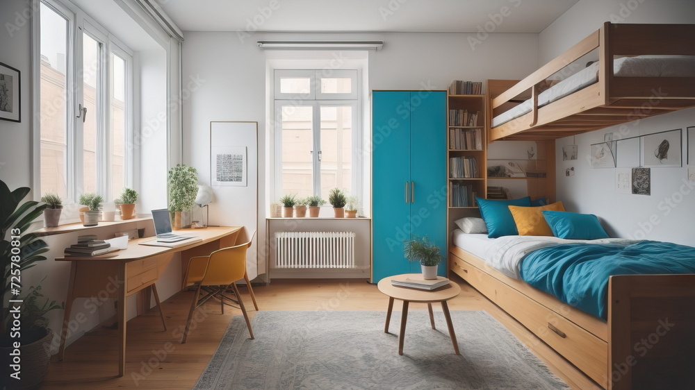Fototapeta premium Bright youth dorm room with typical decoration and furniture
