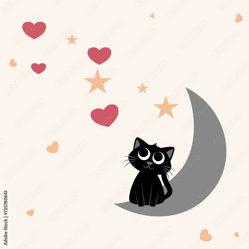 Valentine's Day and love pet concept. Love me love my cat. A black cat on the moon with heart and star. Cat see star with heart shape. Valentine's Day and love pet concept. Love me love my cat. A black cat on the moon with heart and star. Cat see star with heart shape.