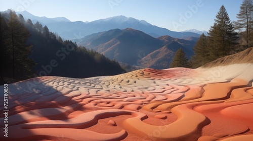 Create intricate patterns on sunlit mountain slopes using colored sand, blending nature's canvas with human artistry in a temporary and unique installation