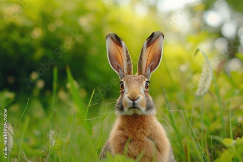 A brown rabbit standing in the middle of a lush green field. Perfect for nature and animal-related designs