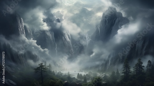 Dramatic images capturing dynamic cloud formations drifting over a mountainous waterfall, adding an extra layer of intensity to the already powerful scenery