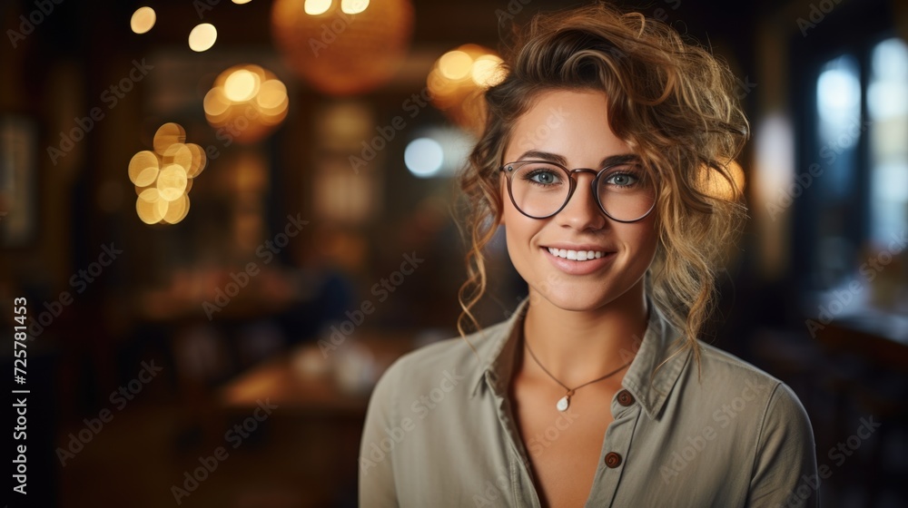a smiling young woman is smiling and is holding her cell phone, in the style of rationalist chic a smiling young woman is smiling and is holding her cell phone, in the style of rationalist chic