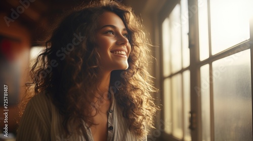 young woman smiling sitting by her window, in the style of expressive facial features, lively and energetic
