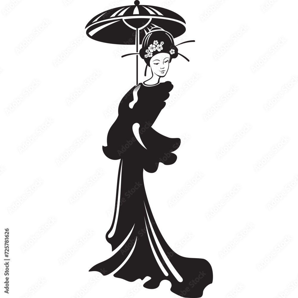 japanese girl in traditional clothes.Japanese geisha in traditional kimono, symbols of Japan, cartoon vector illustration isolated on white background. Full length portrait of typical Japanese geisha japanese girl in traditional clothes.Japanese geisha in traditional kimono, symbols of Japan, cartoon vector illustration isolated on white background. Full length portrait of typical Japanese geisha