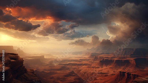  dramatic images capturing dynamic cloud formations drifting over a sunlit desert canyon, casting shadows and enhancing the contrasts of the rugged terrain photo