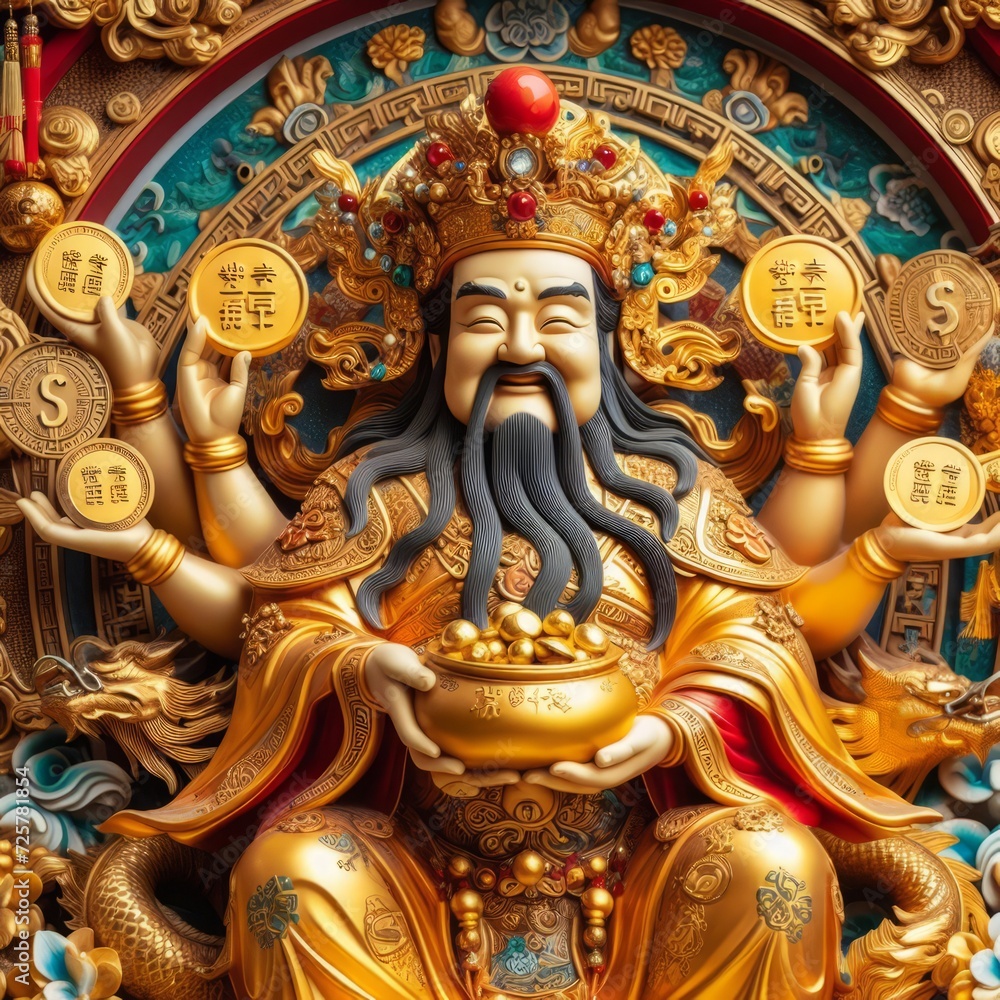 Chinese God of wealth with gold ingots. 3D illustration.