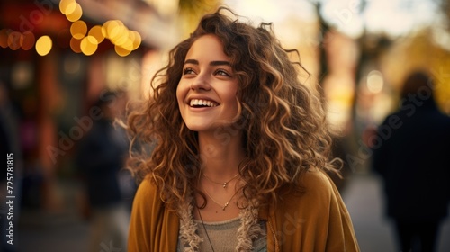 a young woman walking on the street outdoors smiling, in the style of romantic academia