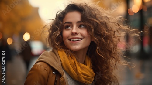 a young woman walking on the street outdoors smiling, in the style of romantic academia