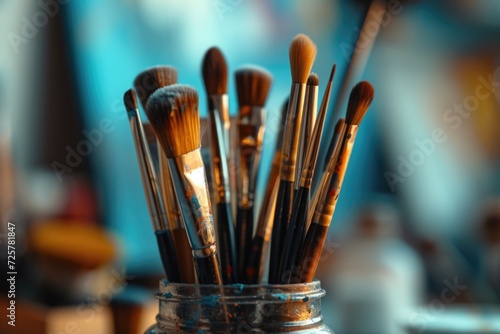 A jar filled with brushes sitting on top of a table. Perfect for artistic and creative projects
