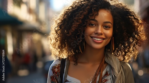 woman in a striped jacket smiling in an urban street, amber, afro-colombian themes, light-focused