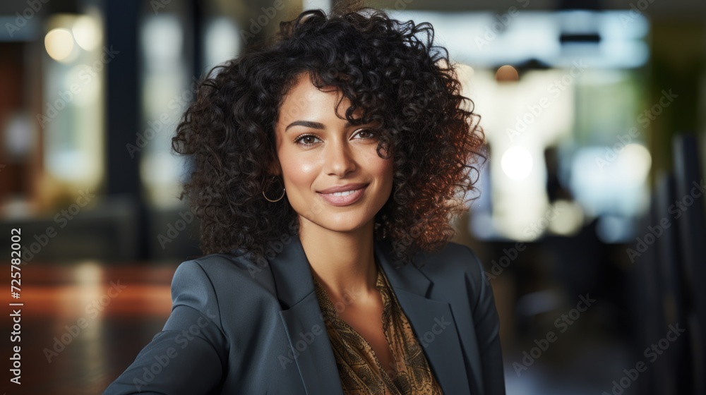 beautiful black business woman smiling at the camera in an office, in the style of balanced asymmetry