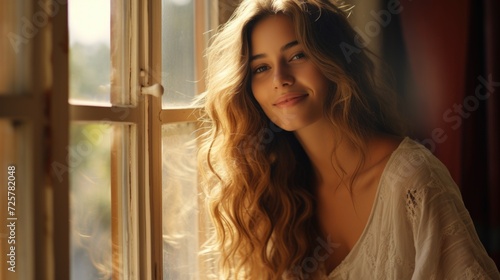beautiful smiling young woman standing in a window, in the style of soft-focus technique, lighthearted