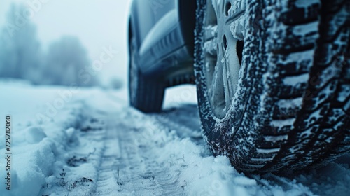 A close-up view of a tire on a snowy road. This image can be used to depict winter driving conditions or as a representation of transportation in cold weather
