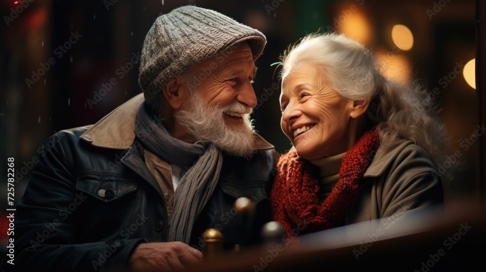 the elderly couple is having a good time, in the style of gray and emerald, bokeh, joyful and optimistic