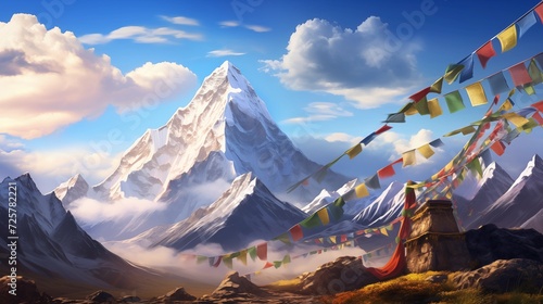  Enhance the beauty of a sunlit mountain range by adorning it with Tibetan prayer flags, creating a colorful and spiritual spectacle against the clear sky