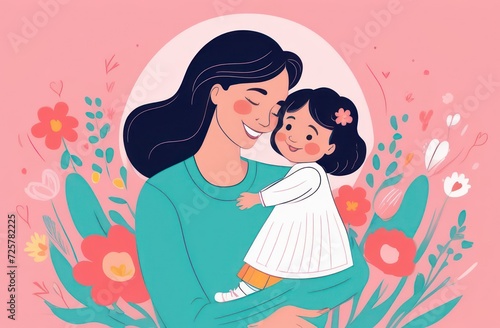A small child girl hugs her mother. Mother's Day illustration