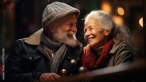 the elderly couple is having a good time, in the style of gray and emerald, bokeh, joyful and optimistic