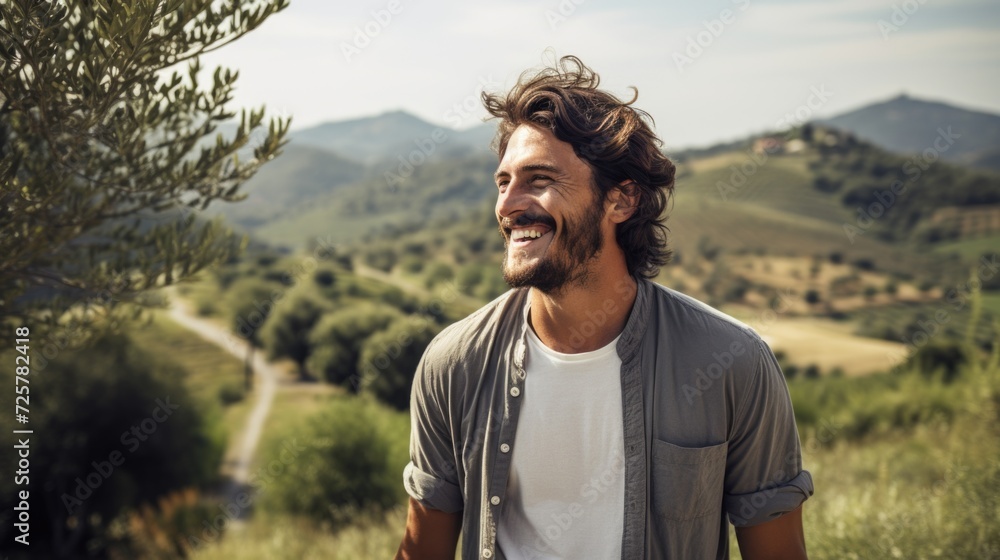handsome man looking at a camera smiling and laughing, in the style of italian landscapes, wavy, calm and meditative