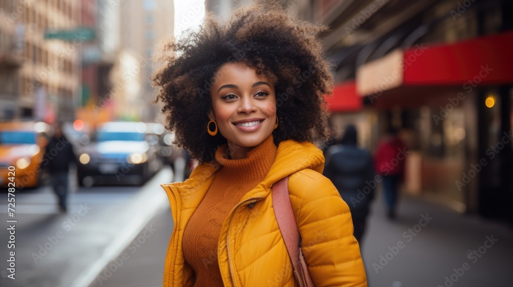 Fototapeta premium a young woman is smiling at the camera in a dark street, in the style of multicultural fusion