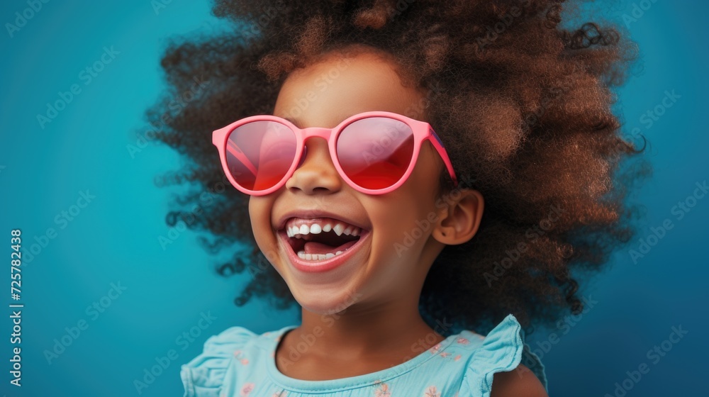 happy beautiful african girl smiling in pink on blue background with sunglasses