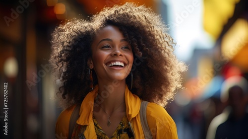 a young woman is smiling at the camera in a dark street, in the style of multicultural fusion