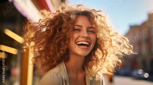 happy blonde woman with curly hair is smiling and laughing in the city on a sunny day, in the style of ashcan school